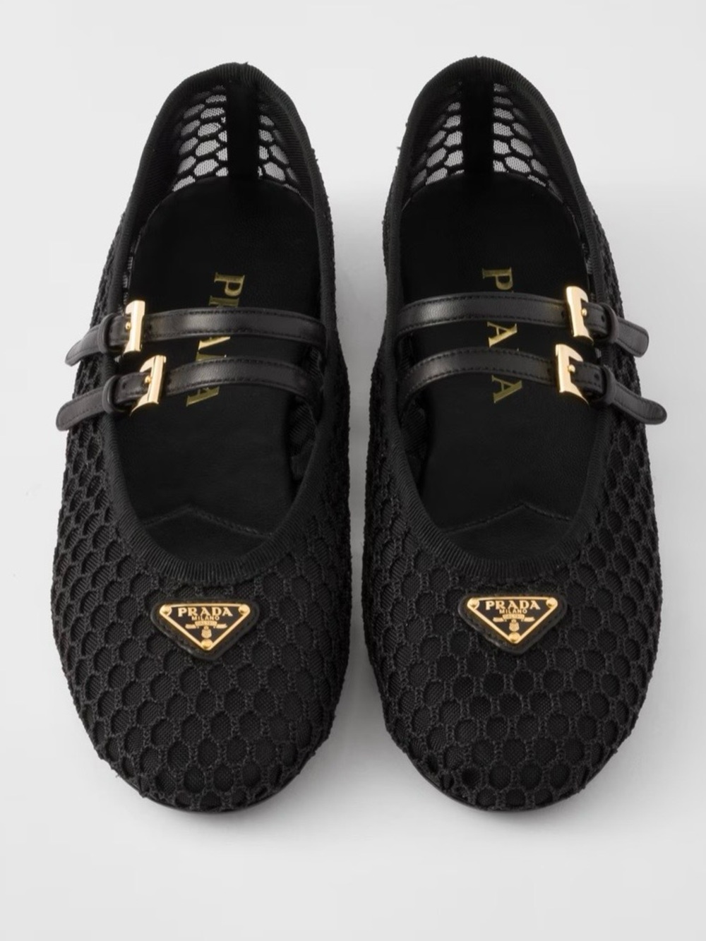 Prada Black Mesh Double-Strap Mary Jane Flats with Gold Logos